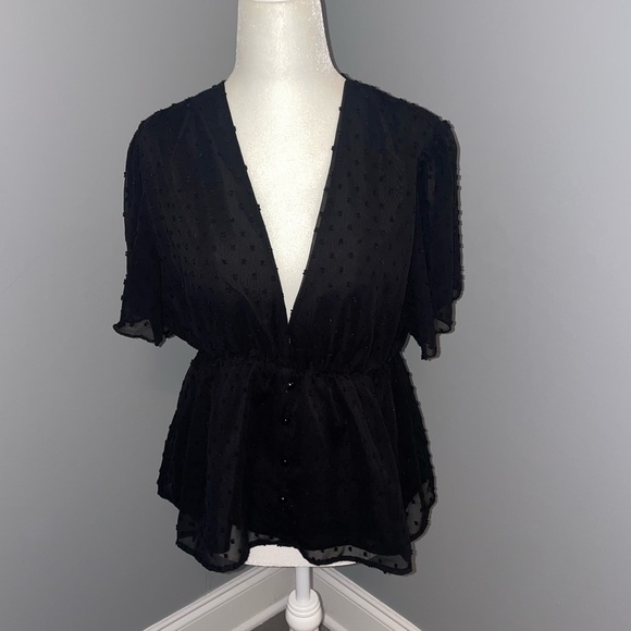 LAYNER Deep V Neck Ruffle Polka Dot Top Pom Pom Peplum Shirt Blouse size large - Picture 2 of 9